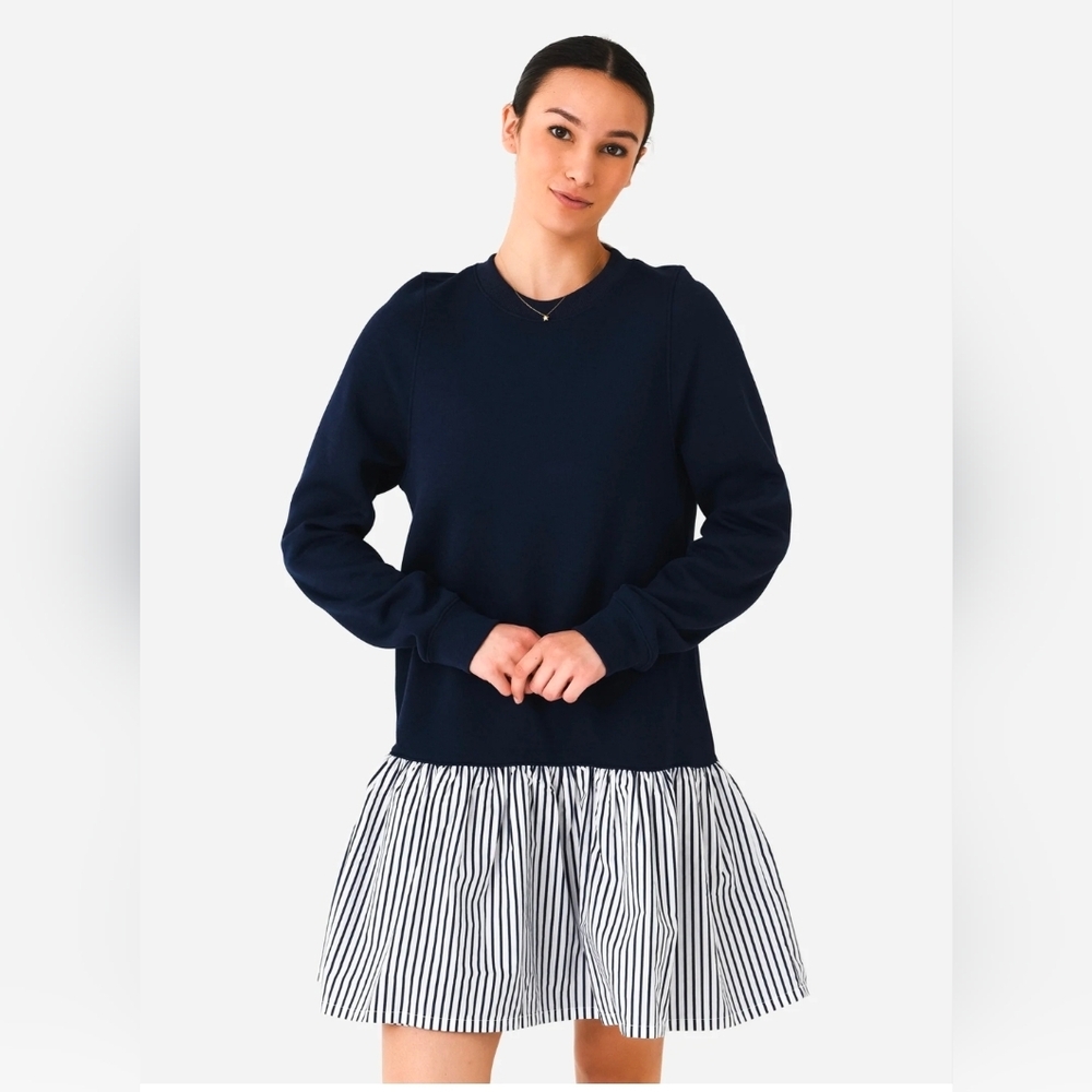 Addison Bay Long Sleeve Sweatshirt Top Flounce Bottom‎ Swing Dress: Navy /Stripe